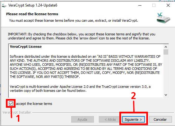 Aceptar Terminos y condiciones de VeraCrypt