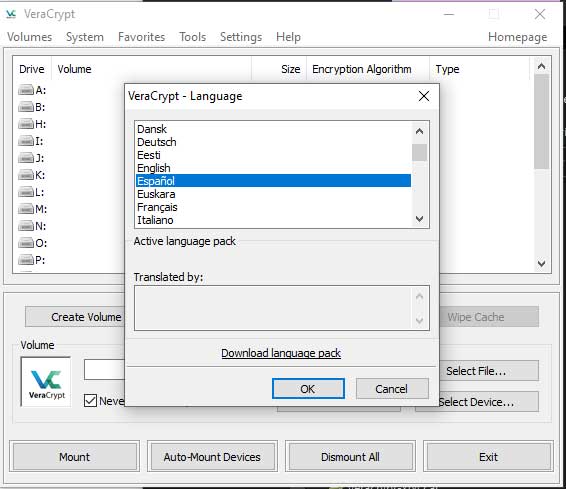 Seleccionamos Español para cifrar una memoria USB