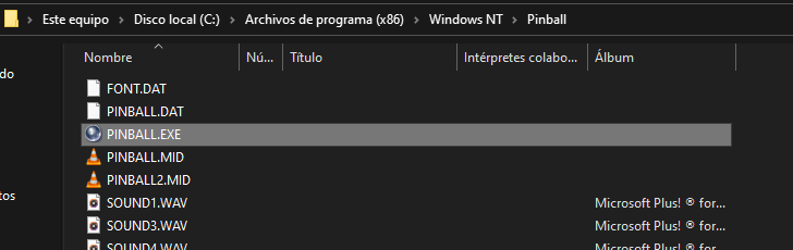 Ruta del archivo de instalación de Pinball en Windows 10  