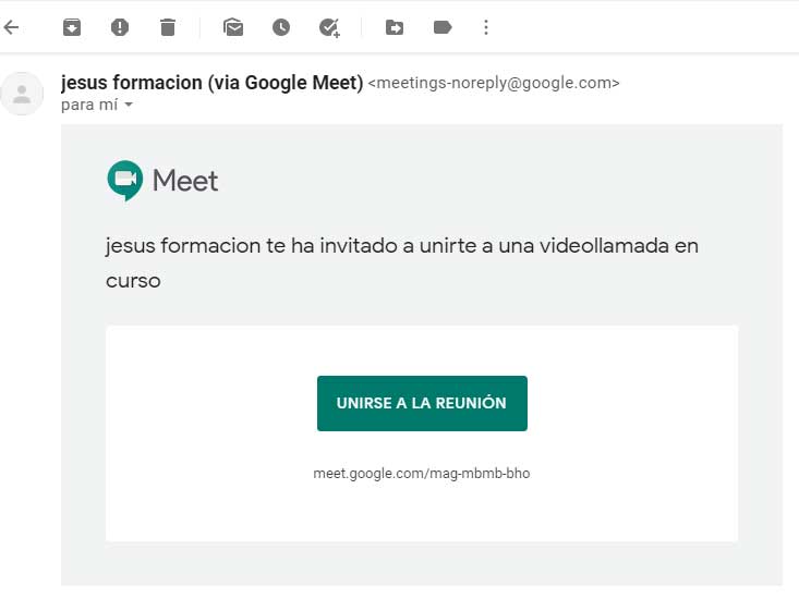 Invitación recibida para unirse a una videollamada gratis con google meet