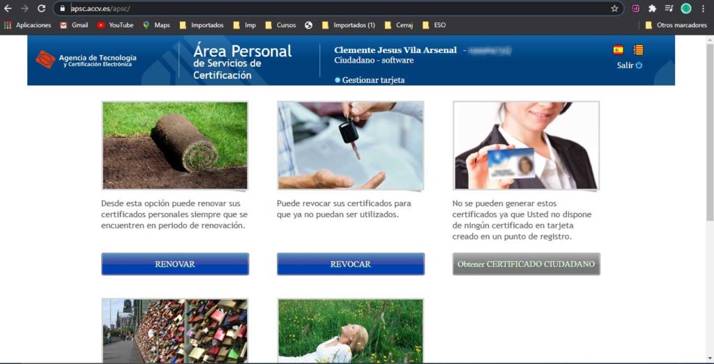 Página principal del Area personal de servicios de certificación.