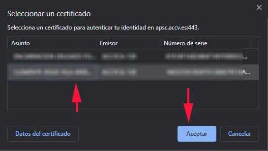 Elección de certificado en: Como instalar un certificado digital en el navegador en sistemas Windows.