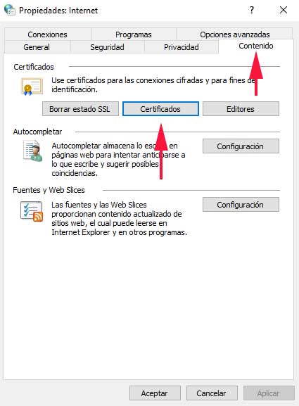 Opciones de internet para eliminar certificado del navegador