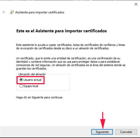 Asistente de windows 10 para importar certificados en el navegador Chrome y Edge
