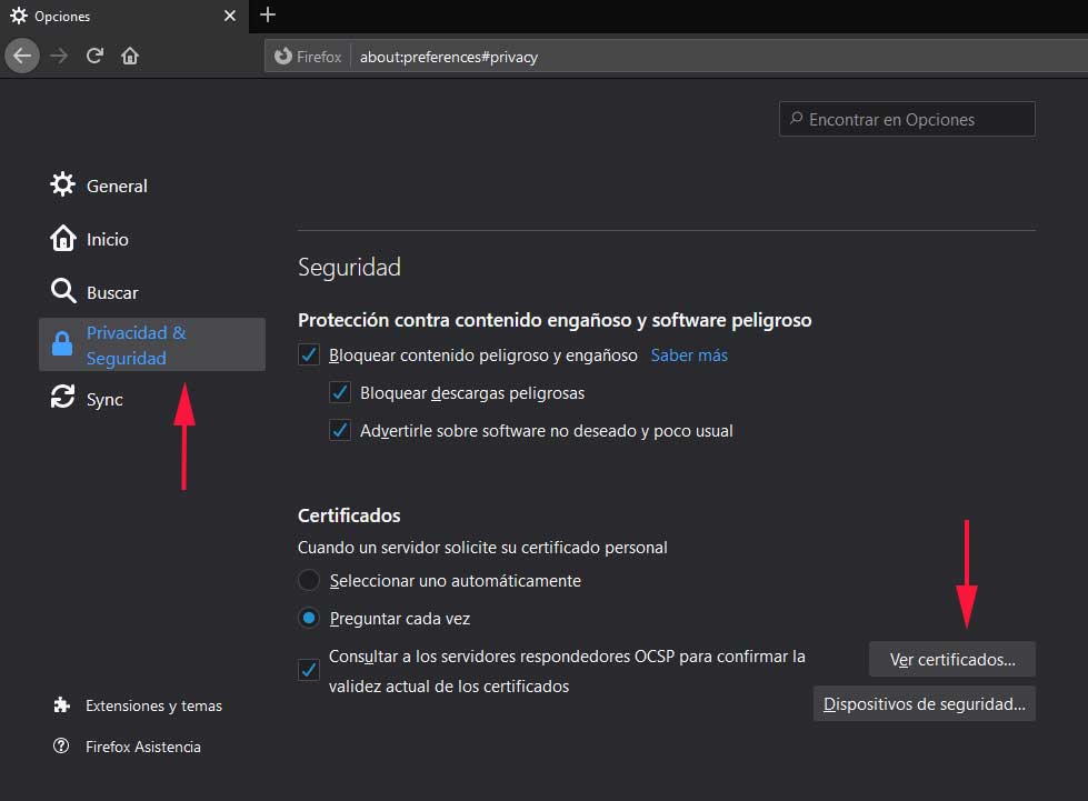 Menú de privacidad y seguridad en como instalar un certificado digital en el navegador en sistemas Windows