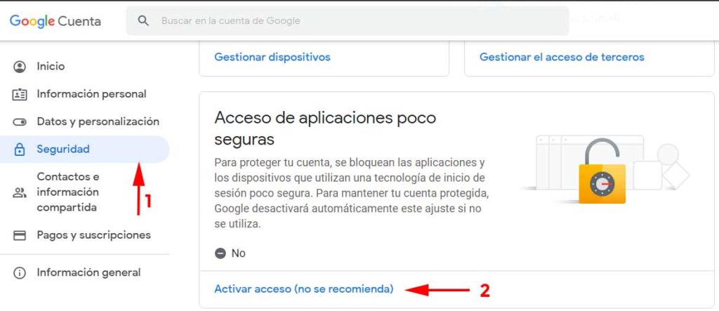 Acceso aplicaciones poco seguras para permitir Outlook en Gmail en Como firmar y cifrar correos con un certificado digital en Windows