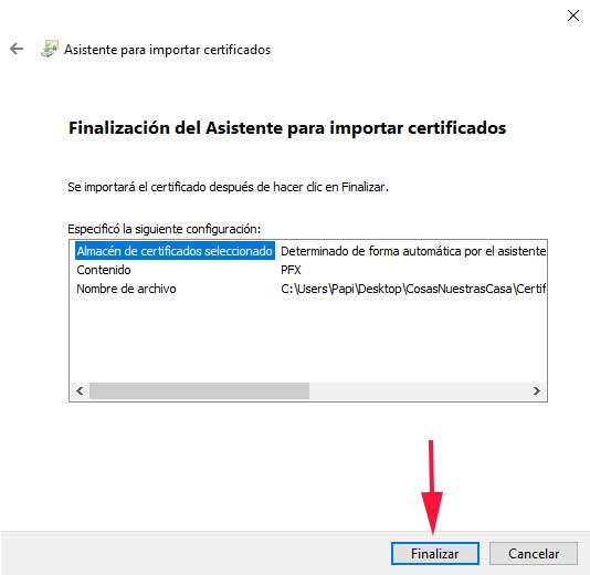 Finalización del asistente Como instalar un certificado digital en el navegador en sistemas Windows.para importar certificados en