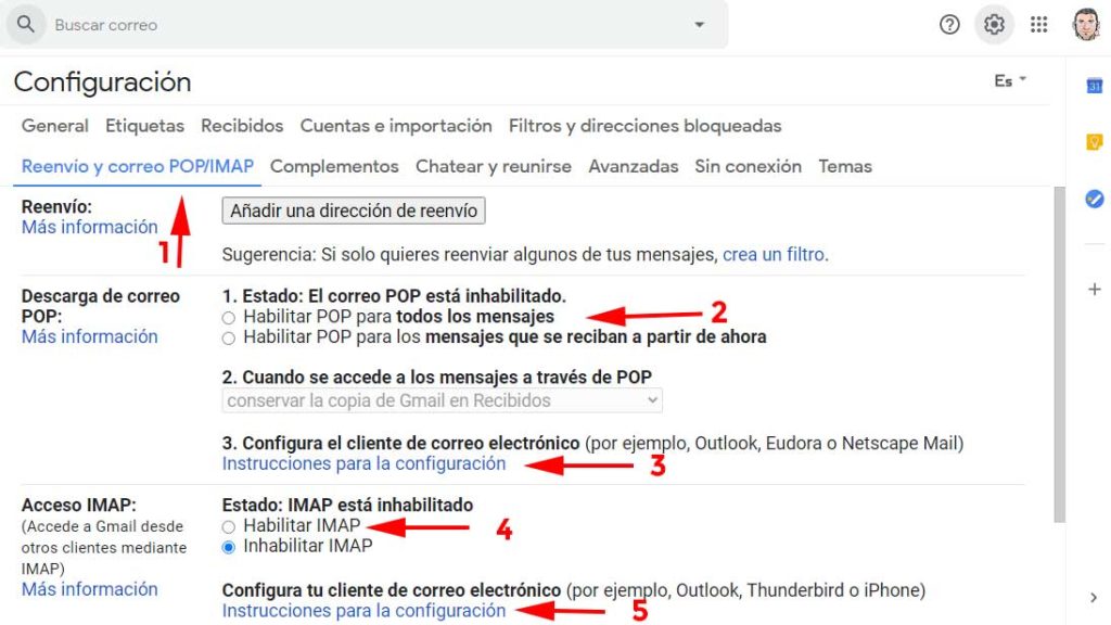 Habilitar POP e IMAP en Gmail para sincronizar Outlook
