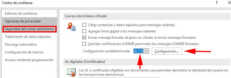 Apartado de Seguridad en el correo electrónico de Outlook