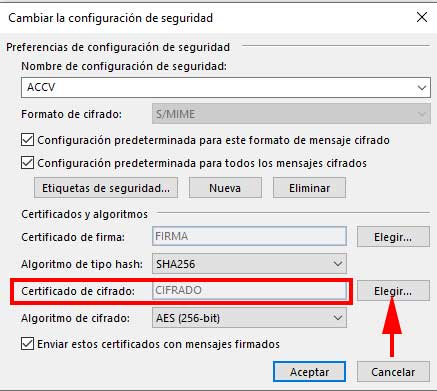 Elegir certificado de cifrado en Outlook