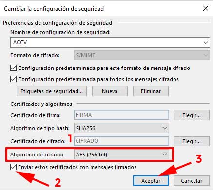 Algoritmo de cifrado para elegir un certificado digital en Outlook.