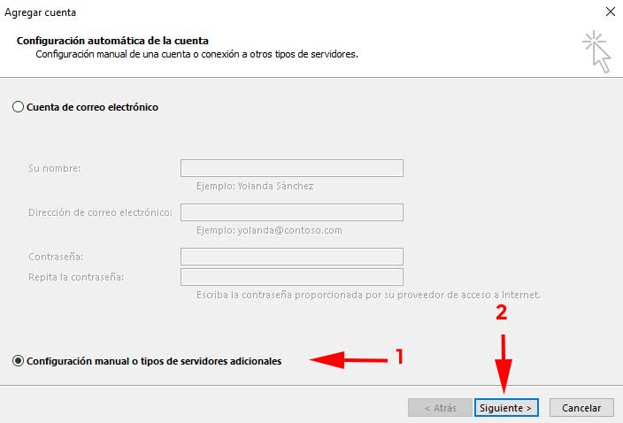 Agregar cuenta manual en Outlook