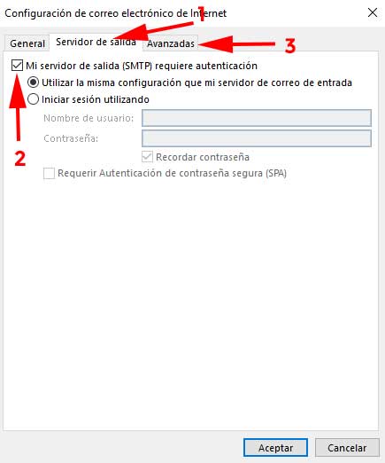Configuracion correo pestaña servidor de salida