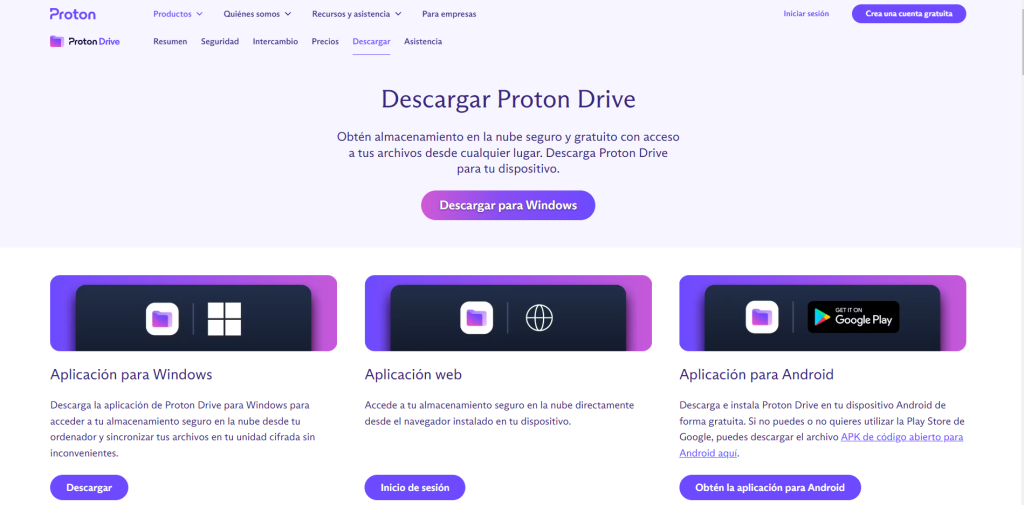 Página en español para descargar gratuitamente Proton Drive para Windows publicada en el blog de Jevi, formciberseg, formación y ciberseguridad