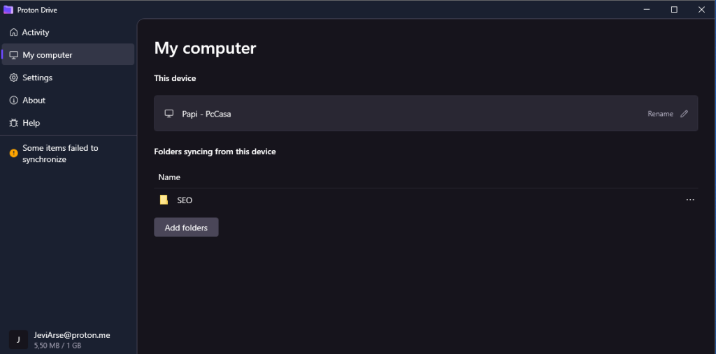 Escritorio o Dashboard de la aplicación Proton Drive para Windows una vez instalada en el blog de Jevi, formciberseg, formación y ciberseguridad