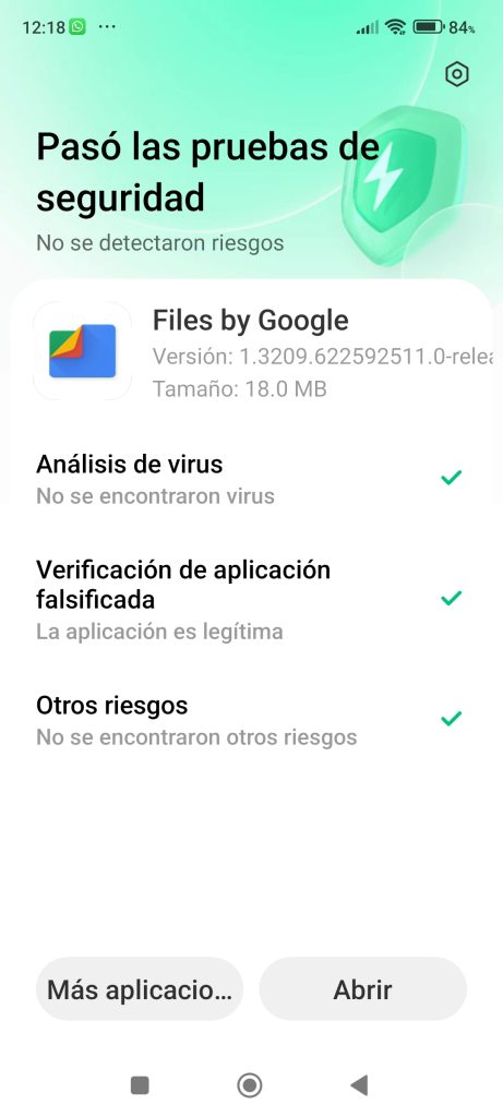 Análisis de virus al descargar la APP files de Google de la Play Store.