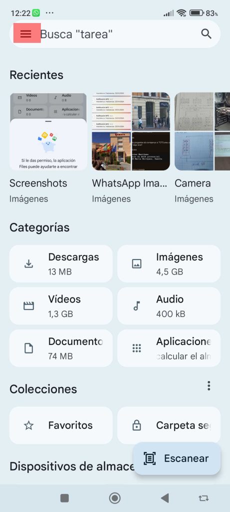 Pantalla principal de Google Files al abrirla con el móvil de Jevi