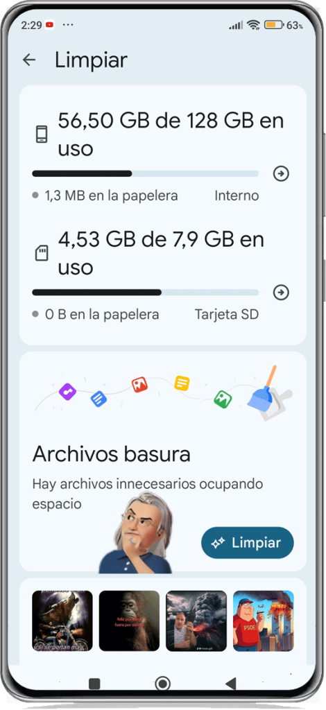Opción de limpieza de archivos basura en Files de Google en como liberar espacio en tu móvil con Files de Google en el blog de Jevi, FormCiberSeg, formación y ciberseguridad