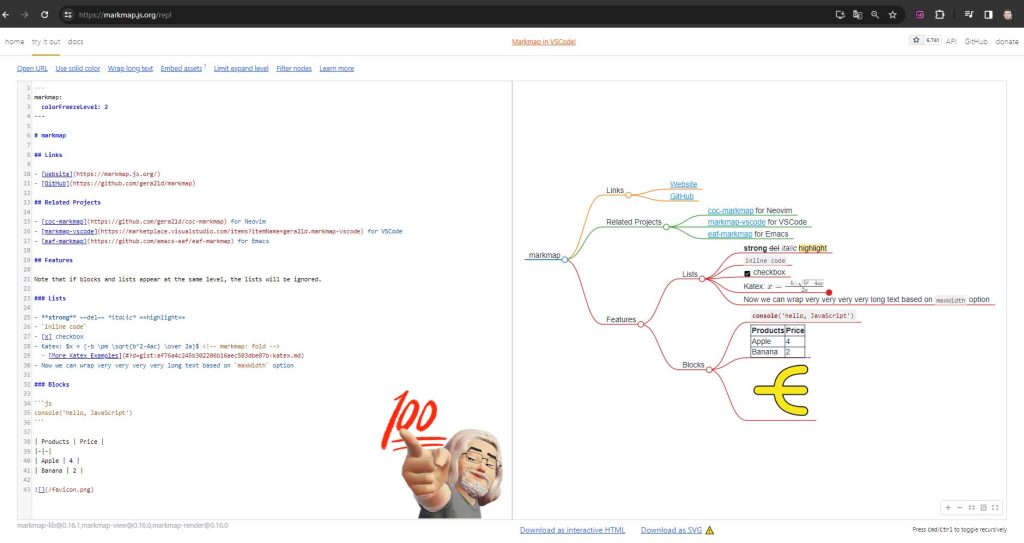 Página de Markmap donde convertir el formato markdown que nos proporciona chatgpt en un mapa mental visual en el apartado de crear un mapa mental con chatgpt en el blog de jevi, formciberseg