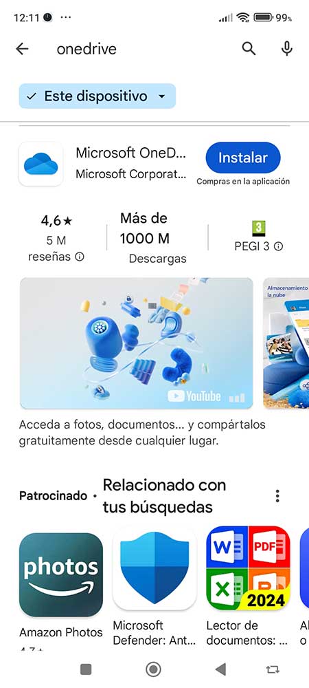 Descargar de la play store OneDrive para hacer copias de seguridad en dispositivos móviles en Formciberseg, formación y ciberseguridad