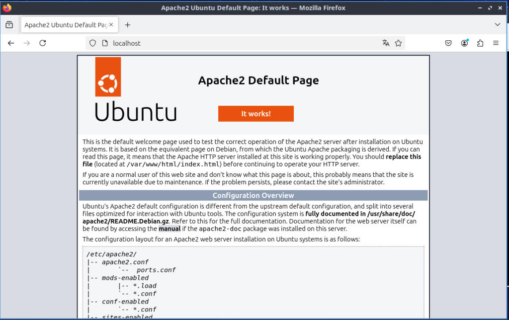 Página por defecto de Apache al poner en el navegador http://localhost en Lubuntu Desktop