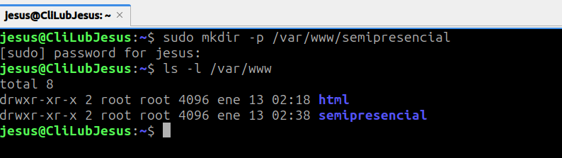 Creación de carpeta del sitio web con el comando:
sudo mkdir -p /var/www/semipresencial
en el tutorial:
Cómo Configurar un Sitio Virtual en Apache2: Tutorial Paso a Paso: Aprende a crear VirtualHosts y gestionar múltiples sitios web en un servidor. En el blog de Jevi, Formciberseg - Formación y Ciberseguridad.