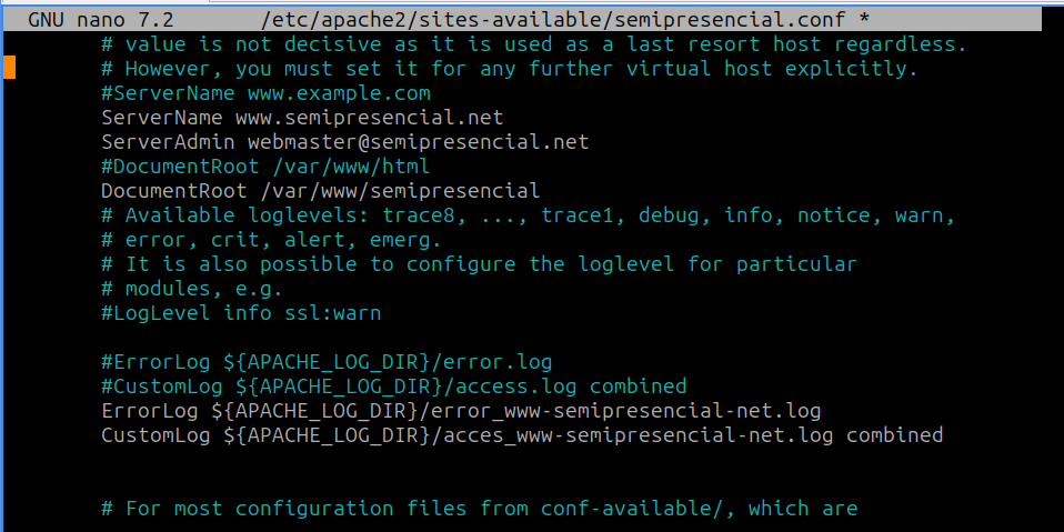 Abrir y editar el archivo de configuración semipresencial.conf