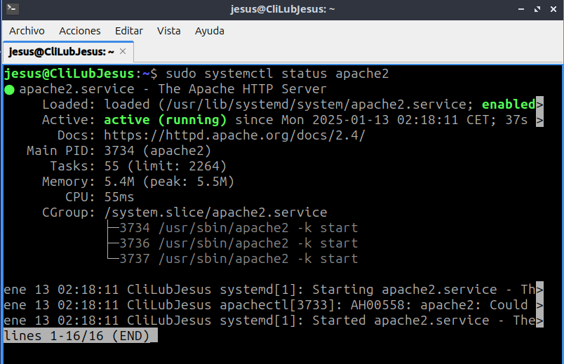 Comprobando el estado de apache2 con el comando sudo systemctl status apache2 en el tutorial Cómo Configurar un Sitio Virtual en Apache2: Tutorial Paso a Paso: Aprende a crear VirtualHosts y gestionar múltiples sitios web en un servidor. en el blog de Jevi, Formciberseg