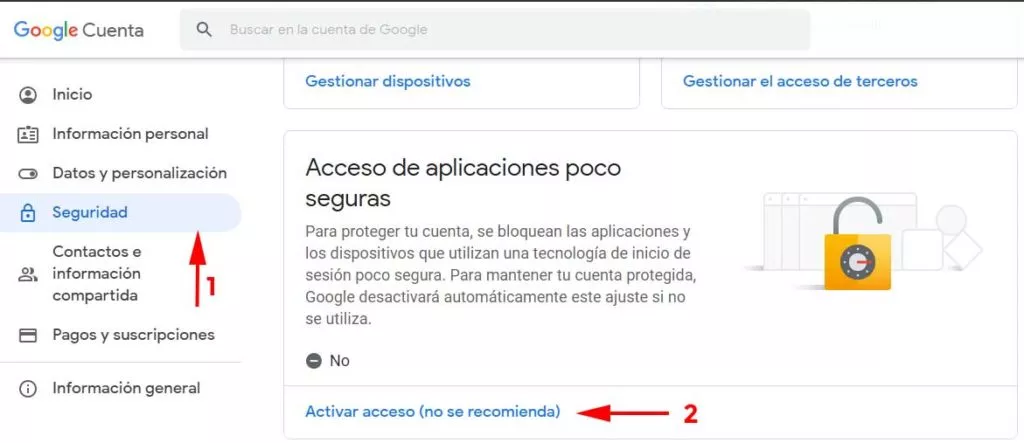 Acceso aplicaciones poco seguras para permitir Outlook en Gmail en Como firmar y cifrar correos con un certificado digital en Windows