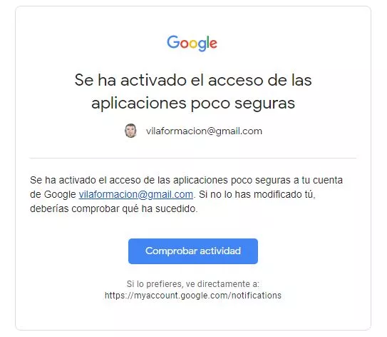 Correo de confirmación de permiso de aplicaciones poco seguras