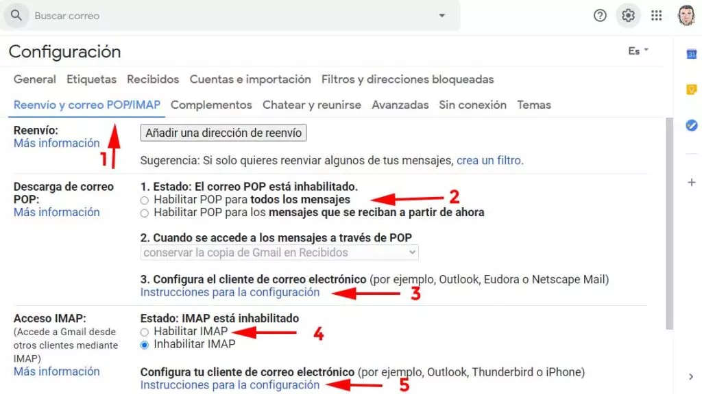 Habilitar POP e IMAP en Gmail para sincronizar Outlook