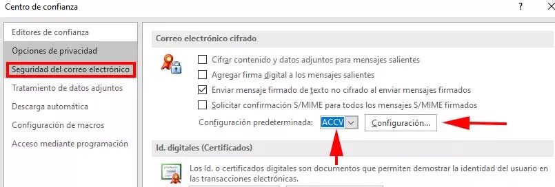 Apartado de Seguridad en el correo electrónico de Outlook