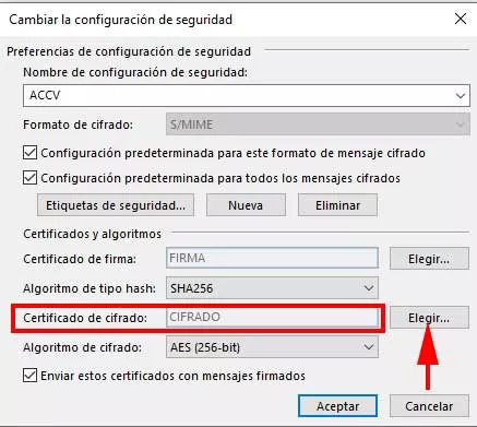 Elegir certificado de cifrado en Outlook