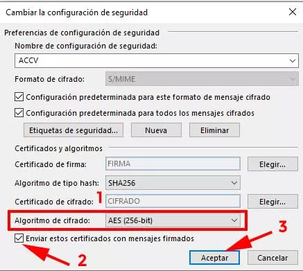 Algoritmo de cifrado para elegir un certificado digital en Outlook.
