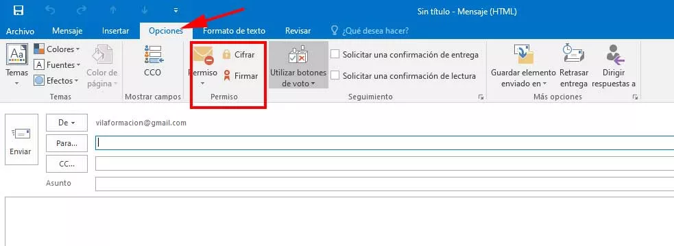 Opciones de firma y cifrado en un envío de correo en Outlook