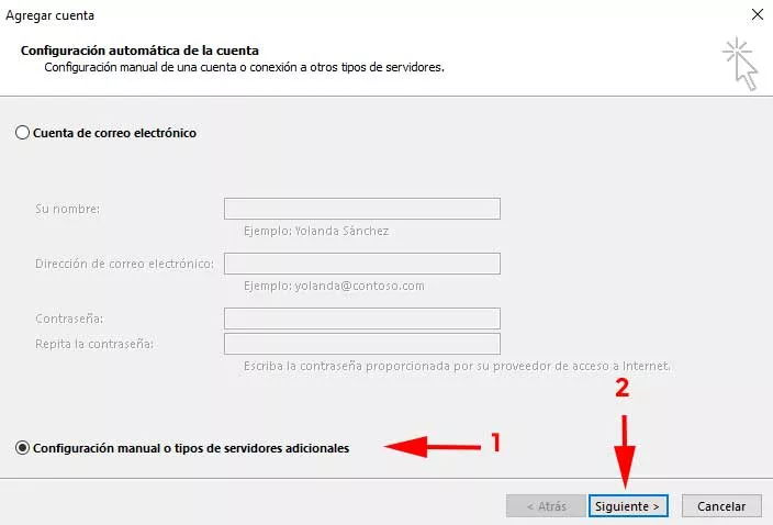 Agregar cuenta manual en Outlook