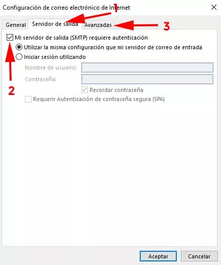 Configuracion correo pestaña servidor de salida