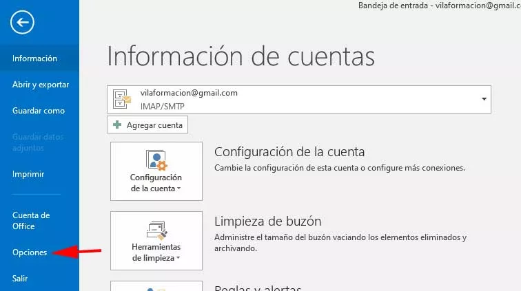 Menú de opciones de Outlook